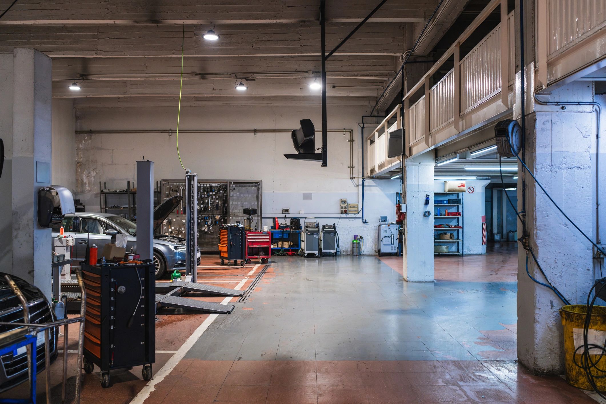 Organized service workspace with tools and equipment